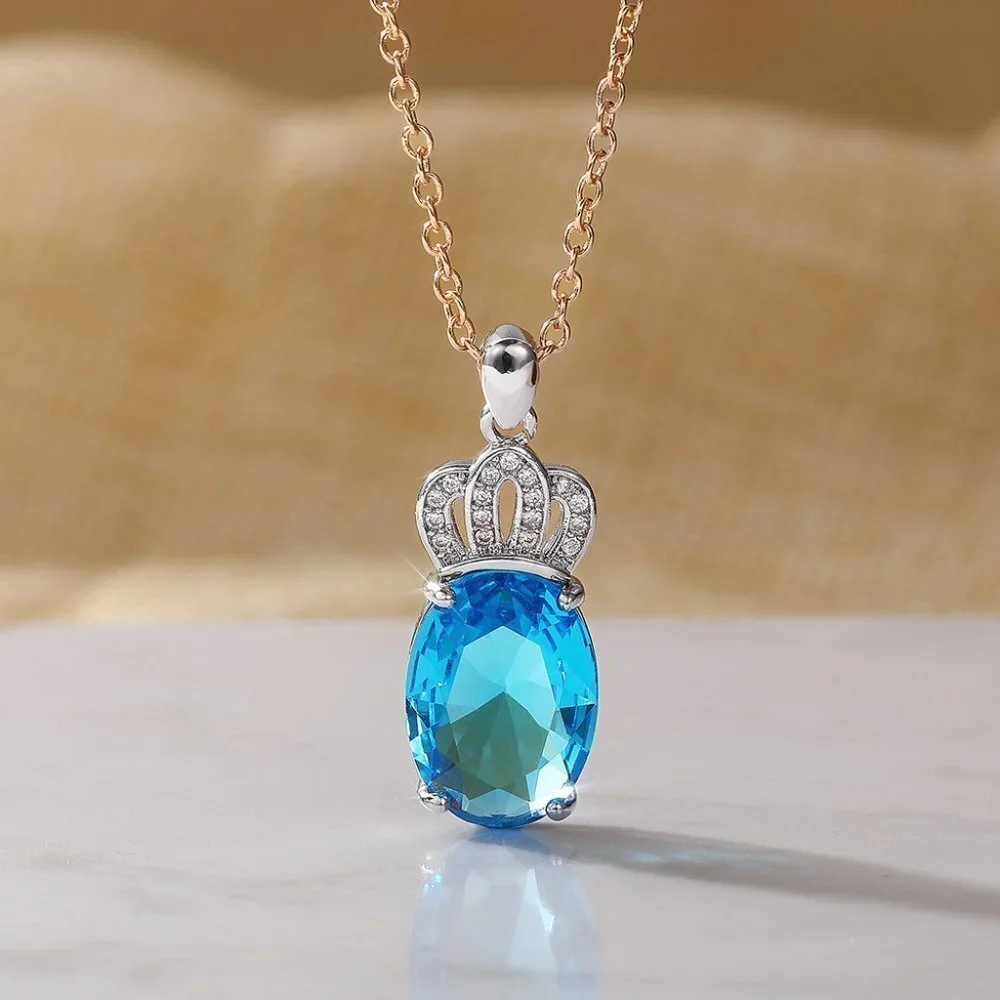 💞Oval Gemstone Crown Silver Plated Pendant Necklace for Women, EVGG1114